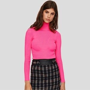 Maje Malangou Ribbed Knit Turtleneck Jumper Fluro Pink Small - Medium